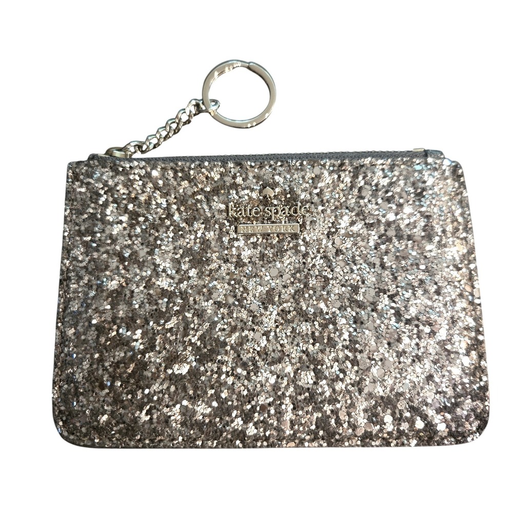 Kate Spade Card Holder Wallet Silver Pewter‎ Glitter Zip Key Ring Pouch 5x3.5